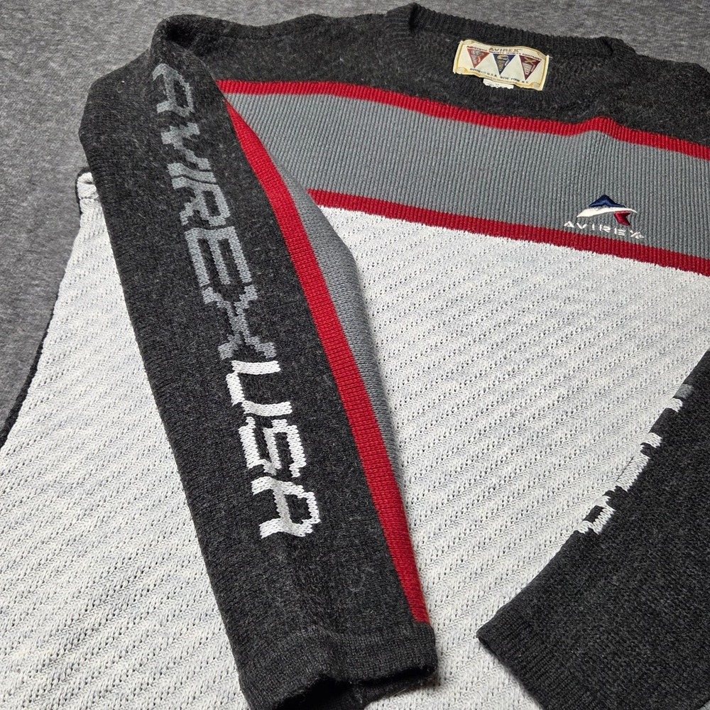 Vintage Avirex Varsity Sweater Men XL Crewneck Grey Red Stripe Knit Pullover 90s